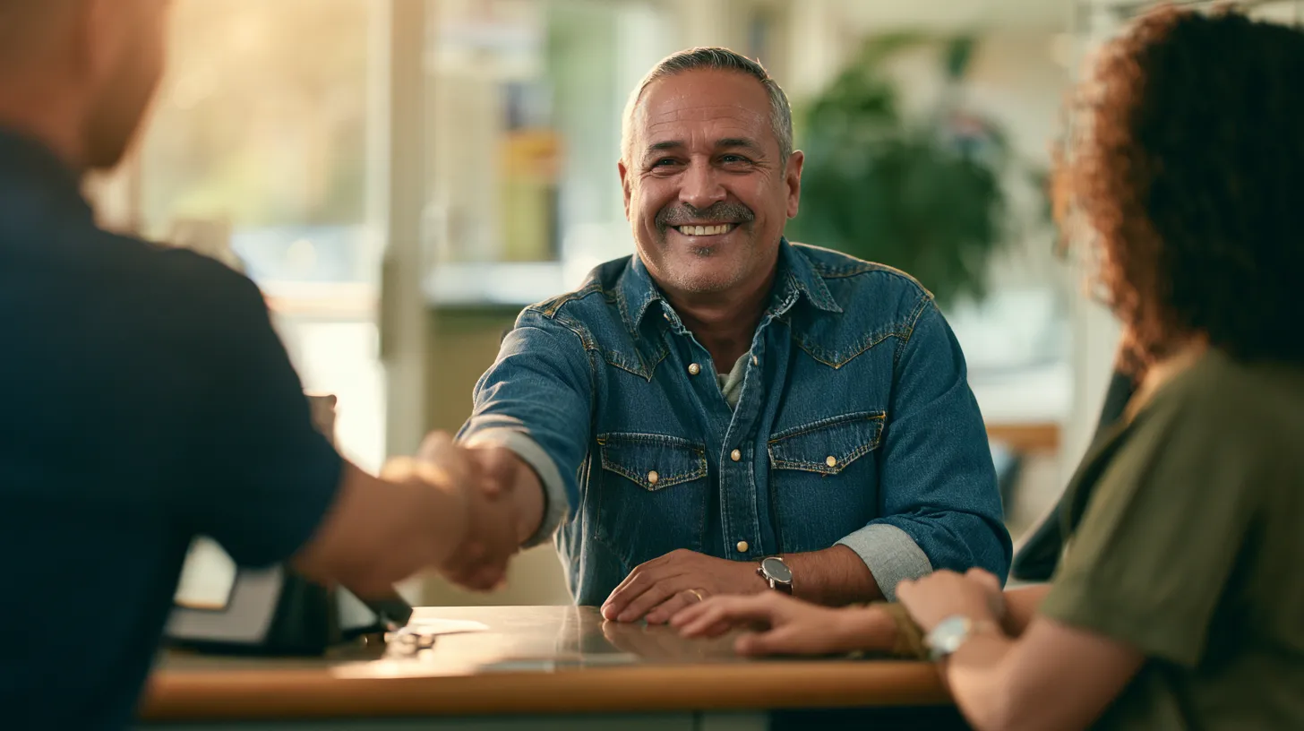 Optimistic man shaking hands with an advisor across a welcoming small-town branch counter — Esketit personal loans