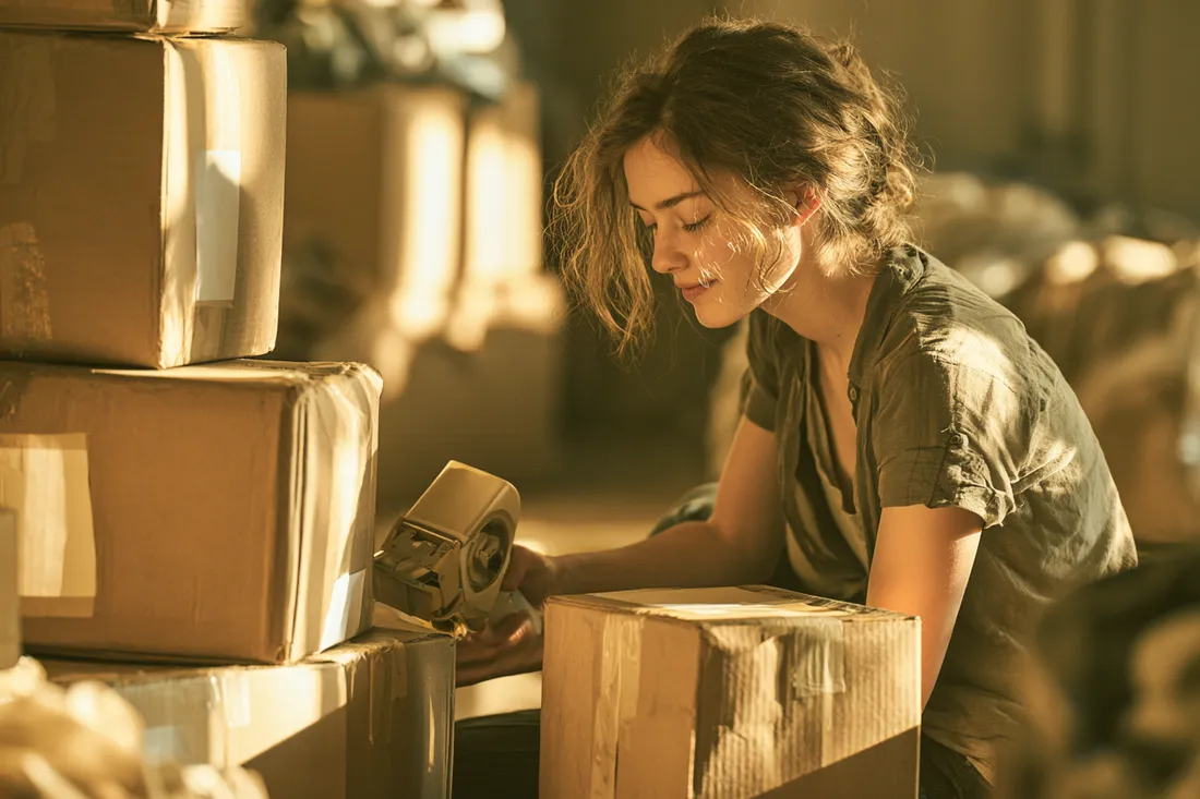 Young woman labeling packed moving boxes in her apartment