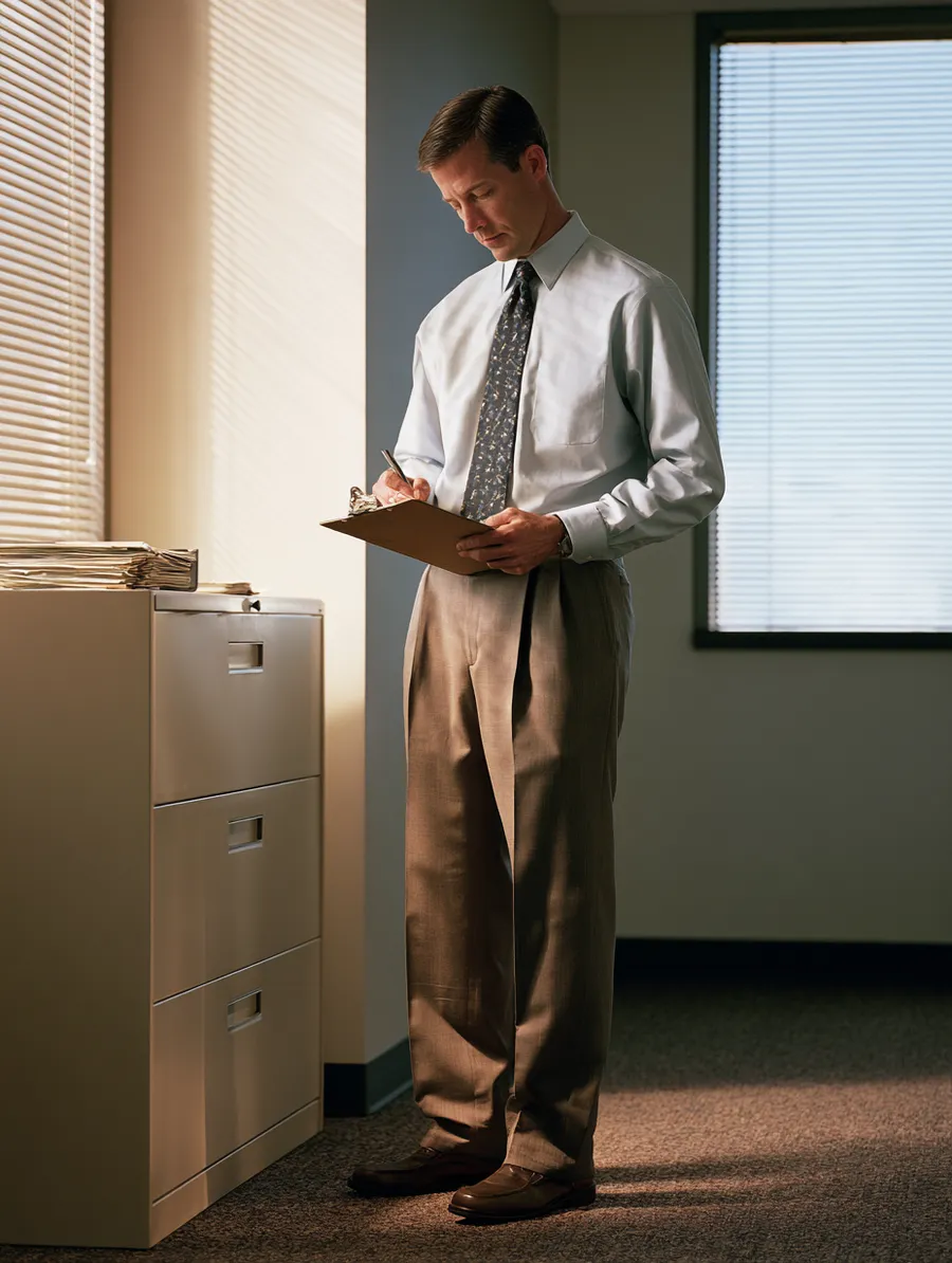 Man reviewing a completed document checklist on a clipboard in a bright office