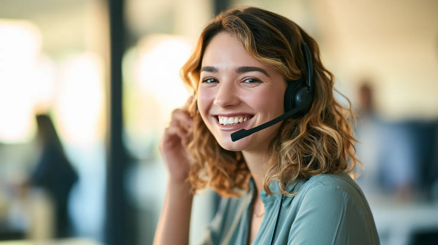 Approachable customer support specialist with a headset smiling in a bright office — Esketit personal loans