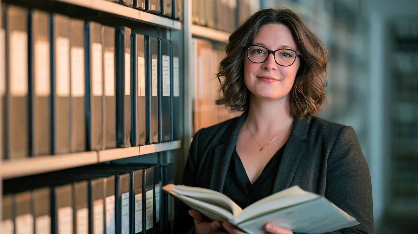 Librarian-style specialist organizing reference materials in a warm study — Esketit personal loans