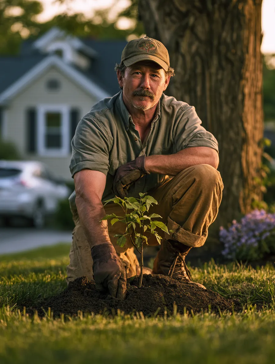 Man planting a small sapling in his yard, beginning a rebuild that grows in seasons