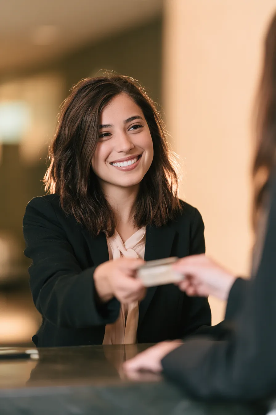 Woman presenting her ID at a bright reception desk to verify her identity