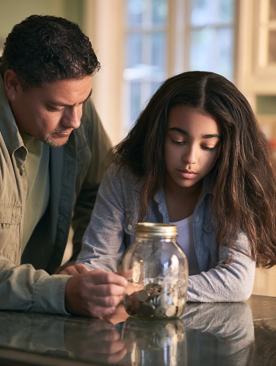 Father showing his daughter how steady saving habits work with a jar of coins
